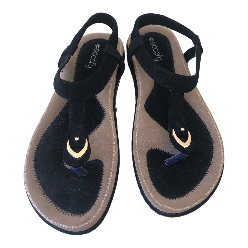 Socofy Black Suede Sandals w/ gold hardware - Picture 2 of 10